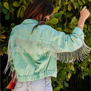Vici Collection NWT DIAMOND RODEO RHINESTONE Fringe DENIM JACKET Mardi Gras